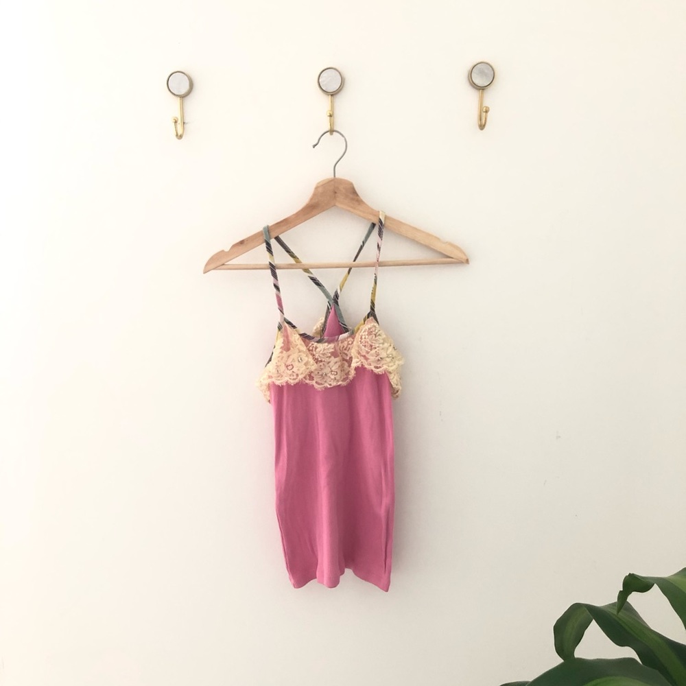 FREE PEOPLE pink lace ribbed tank sz 4